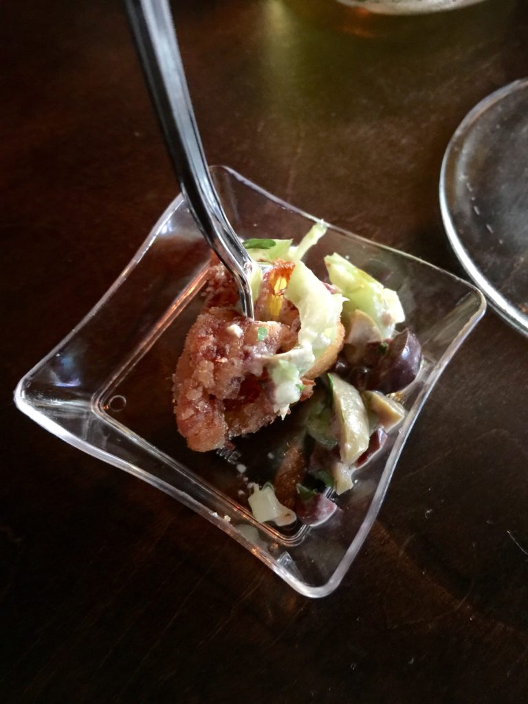 Beef Tongue Pastrami a delightful combination of pickled endive, thousand island, fingerling chips, rye ( a fancy chicharon )